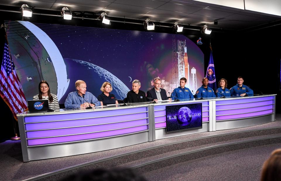 The crew of Artemis II and NASA administrators hold a press conference August 8, 2023  after getting a close-up look at the Orion capsule that will take them around the Moon and back. Craig Bailey/FLORIDA TODAY via USA TODAY NETWORK