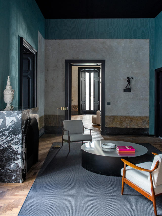 View of the salon, with a marble fireplace designed by Studio Giuliano Andrea dell’Uva