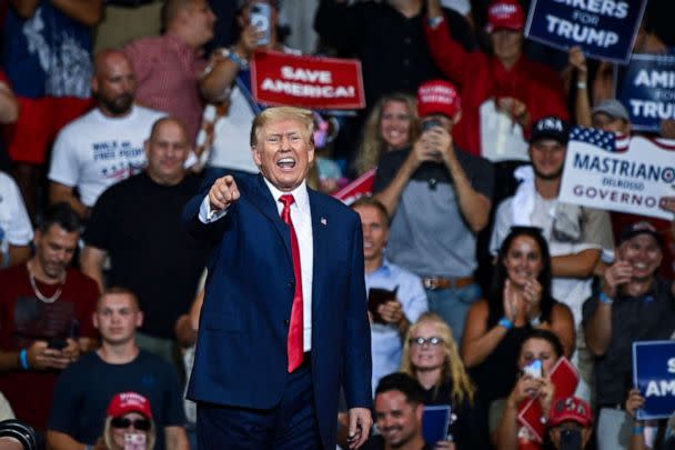 PHOTO: Former President Donald Trump speaks during a campaign rally in support of Doug Mastriano for Governor of Pennsylvania and Mehmet Oz for US Senate at Mohegan Sun Arena in Wilkes-Barre, Pa., Sept. 3, 2022. (Ed Jones/AFP via Getty Images, FILE)