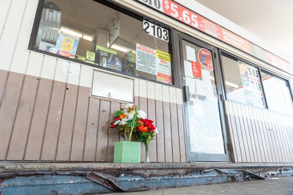 Flowers outside convenience store on Evangeline Thruway as a memorial to man shot and killed by Lafayette Police. Saturday, Aug. 22, 2020.