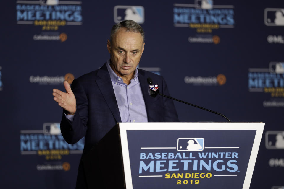 Commissioner Rob Manfred speaks during the Major League Baseball winter meetings Wednesday, Dec. 11, 2019, in San Diego. (AP Photo/Gregory Bull)