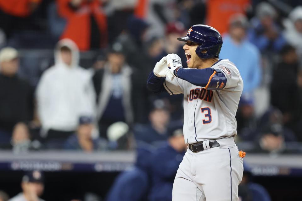 Game 4: Jeremy Pena celebrates his three-run homer in the third inning.