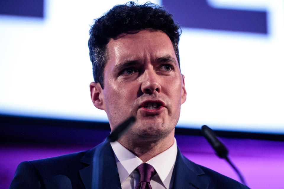 LONDON, ENGLAND - APRIL 09:  Conservative party MP Huw Merriman speaks at a 'People's Vote' rally calling for another referendum on Brexit on April 9, 2019 in London, England. British Prime Minister Theresa May meets German Chancellor Angela Merkel and French President Emmanuel Macron for talks today as she seeks a further extension to the Brexit process. (Photo by Jack Taylor/Getty Images)