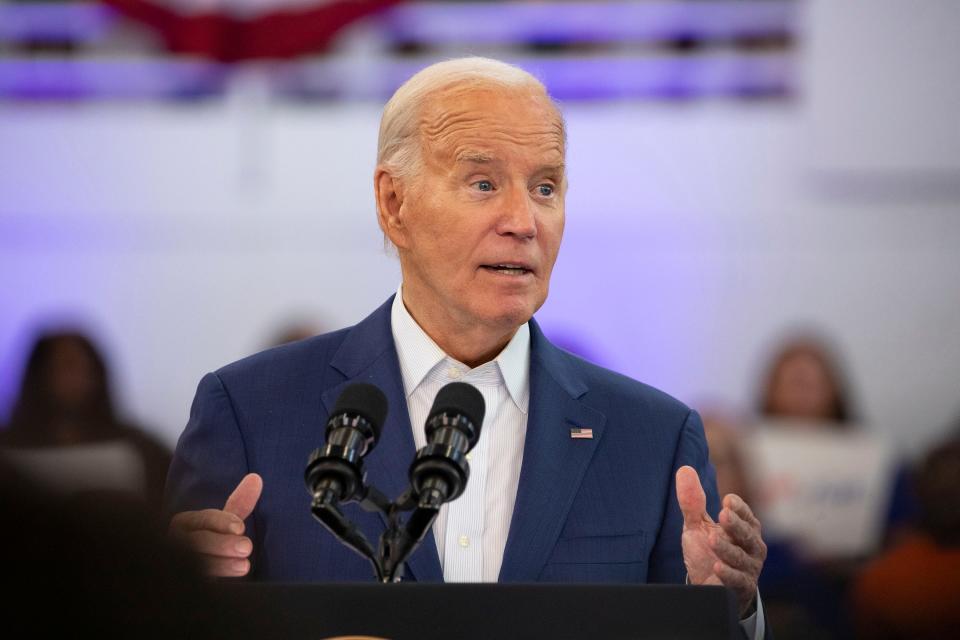 President Joe Biden speaks to supporters at a campaign event at Renaissance High School on July 12, 2024 in Detroit, Michigan.