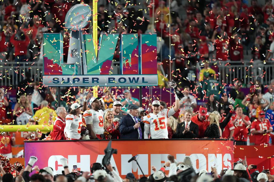 Quarterback Patrick Mahomes (15) and the Kansas City Chiefs celebrate after winning Super Bowl LVII at State Farm Stadium in Glendale, Arizona, on Feb. 12, 2023.