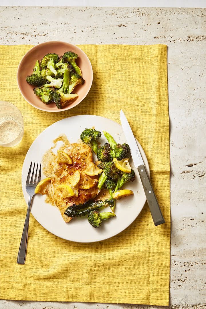 Pan-Fried Chicken with Lemony Roasted Broccoli