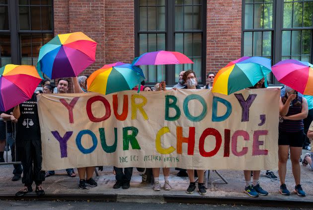 Abortion rights protesters demonstrate outside the Planned Parenthood clinic in downtown Manhattan.