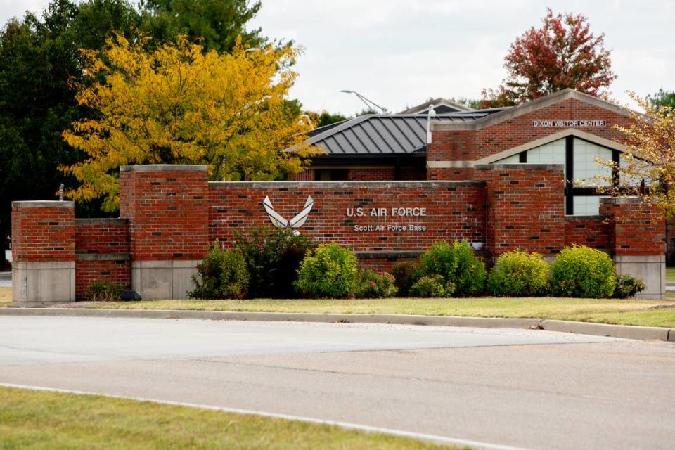 The entrance to Scott Air Force Base on Friday, Oct. 7, 2022, near O’Fallon, Ill.