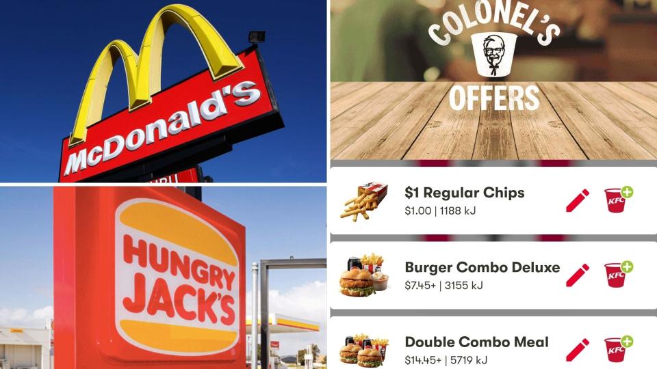 A McDonald's sign, screenshot of Colonel's Offers in the KFC Australia app and a Hungry Jack's sign.