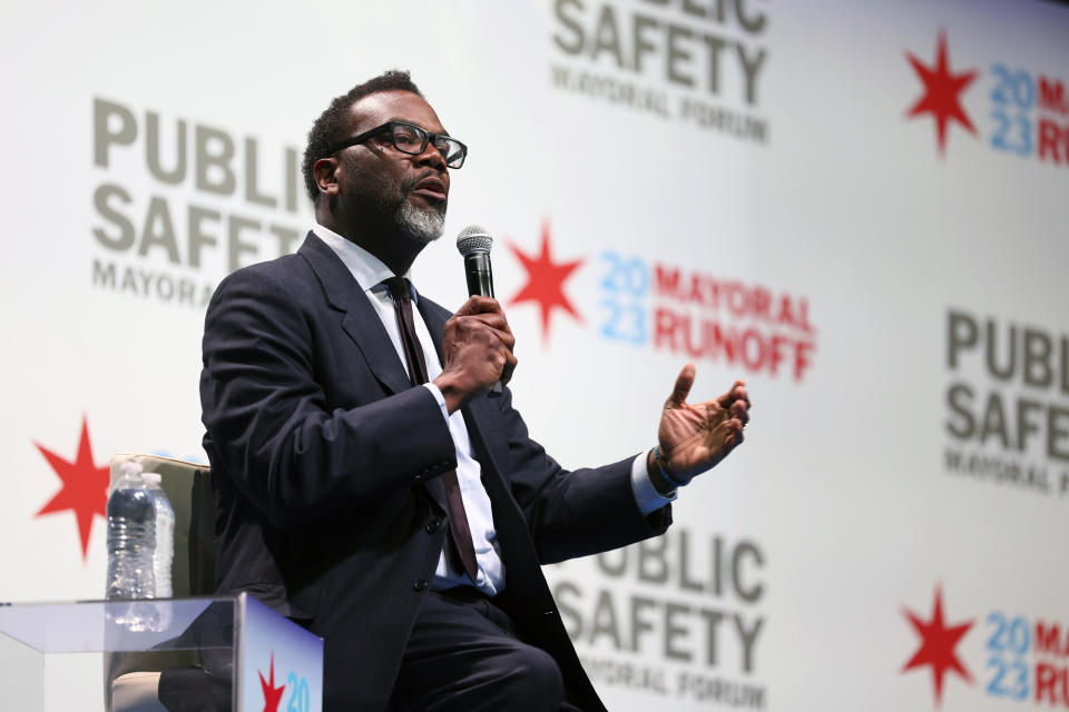 FILE - Chicago mayoral candidate Brandon Johnson participates in a public safety forum in Chicago, Tuesday, March 14, 2023. How best to manage Chicago’s financial challenges is among the many issues separating candidates Brandon Johnson and Paul Vallas heading into the April 4 runoff for mayor. (AP Photo/Teresa Crawford, File)