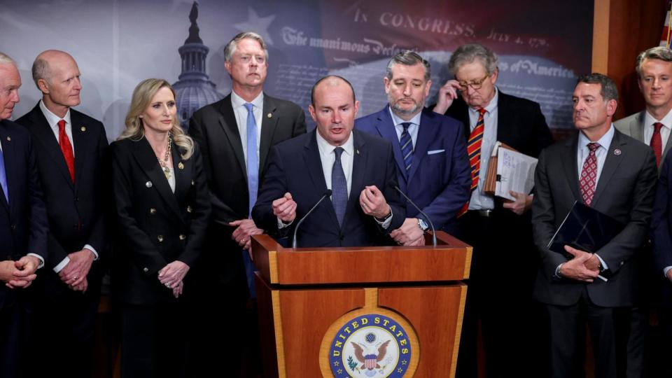 PHOTO: Sen. Lee (R-Utah) speaks alongside House Republican impeachment managers and other Senate Republicans during a press conference on the impeachment of Secretary of Department of Homeland Security, Mayorkas on Capitol Hill, April 16, 2024. (Amanda Andrade-rhoades/Reuters)