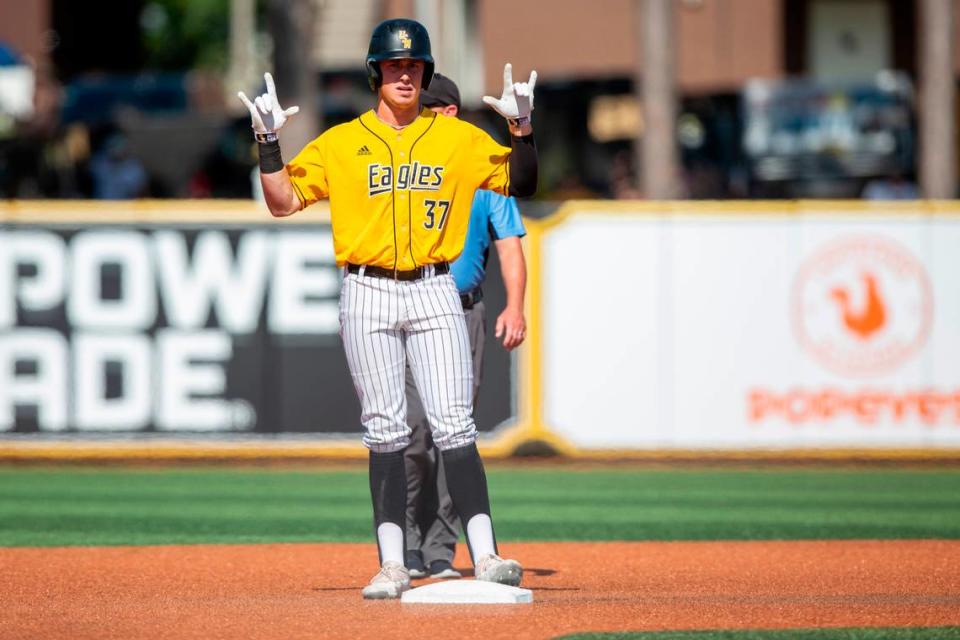 Southern Miss’s Carson Paetow reacts after making a double during a game against UTSA during the Conference USA tournament at Pete Taylor Park in Hattiesburg on Saturday, May 28, 2022.