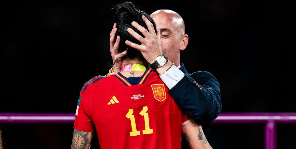 sydney, australia august 20 president of the royal spanish football federation luis rubiales r kisses jennifer hermoso of spain l during the medal ceremony of fifa womens world cup australia new zealand 2023 final match between spain and england at stadium australia on august 20, 2023 in sydney, australia photo by noemi llamaseurasia sport imagesgetty images