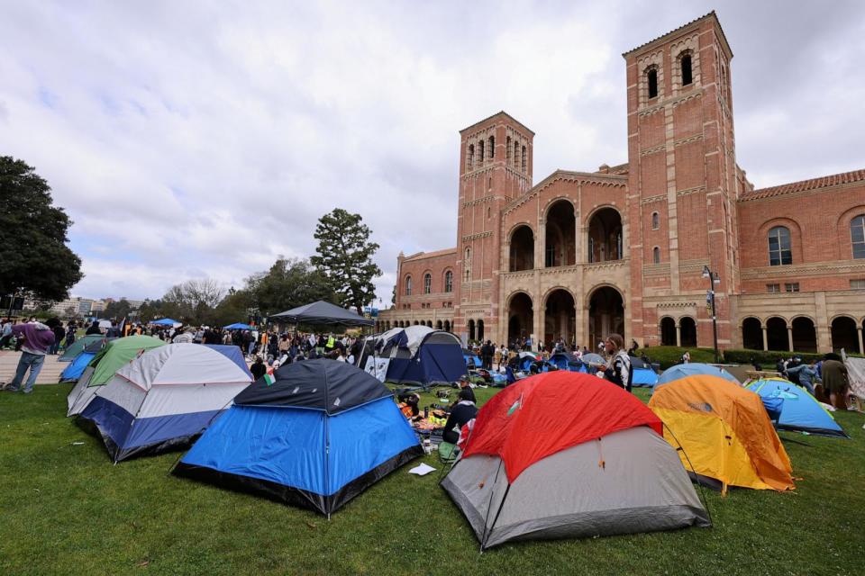 PHOTO: Tents stand in an encampment, where students are protesting in support of Palestinians, amid the ongoing conflict between Israel and the Palestinian Islamist group Hamas, at the University of California in Los Angeles, April 25, 2024. (Mike Blake/Reuters)