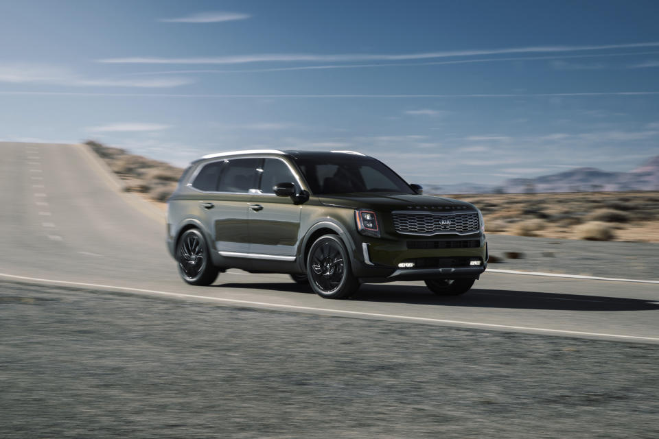 This photo provided by Kia shows the 2020 Kia Telluride, a midsize three-row SUV that offers plenty of utility and premium features at a great value. (Courtesy of Kia Motors America via AP)