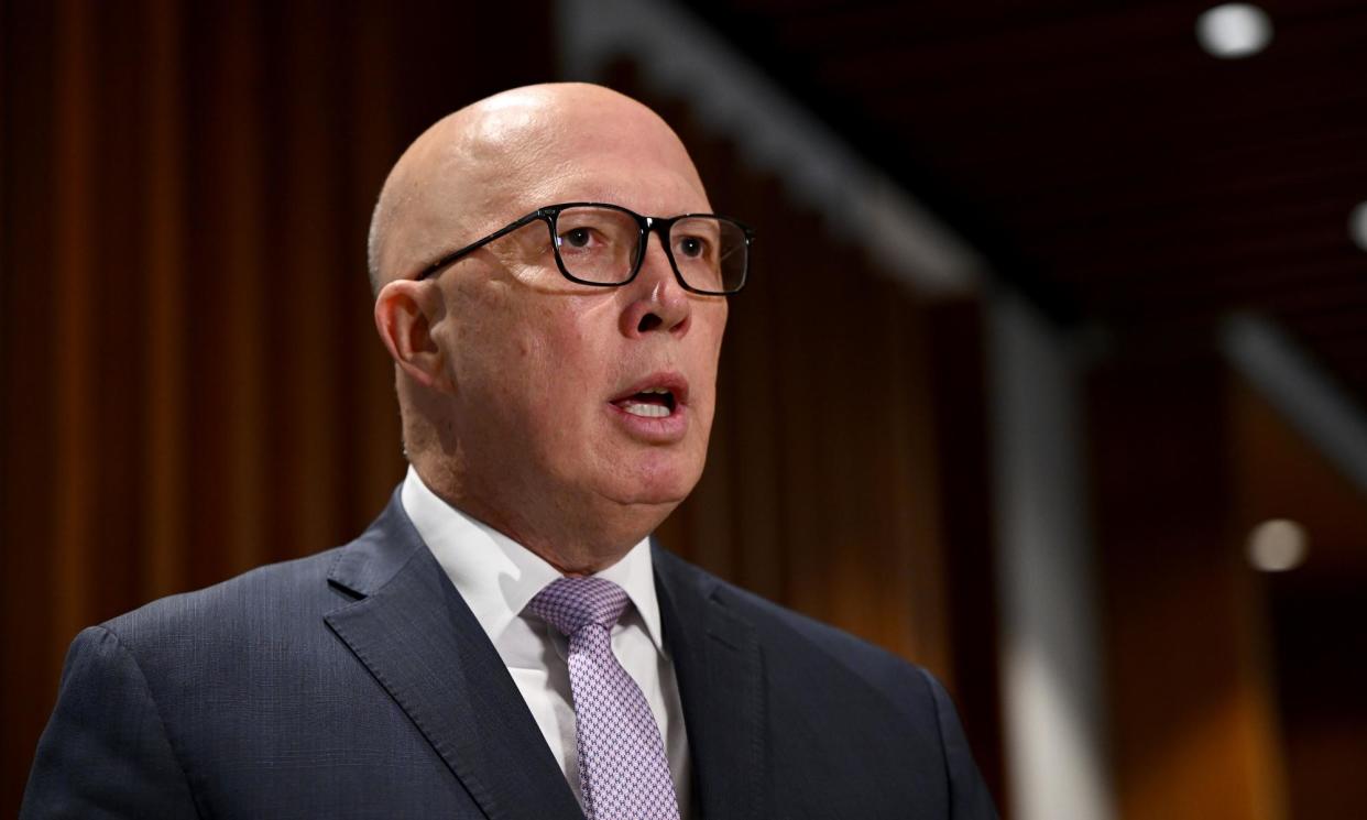 <span>In his weekly 2GB interview, federal opposition leader Peter Dutton compared chants at pro-Palestine university protests to the ideology of Nazi leader Adolf Hitler.</span><span>Photograph: Bianca de Marchi/AAP</span>