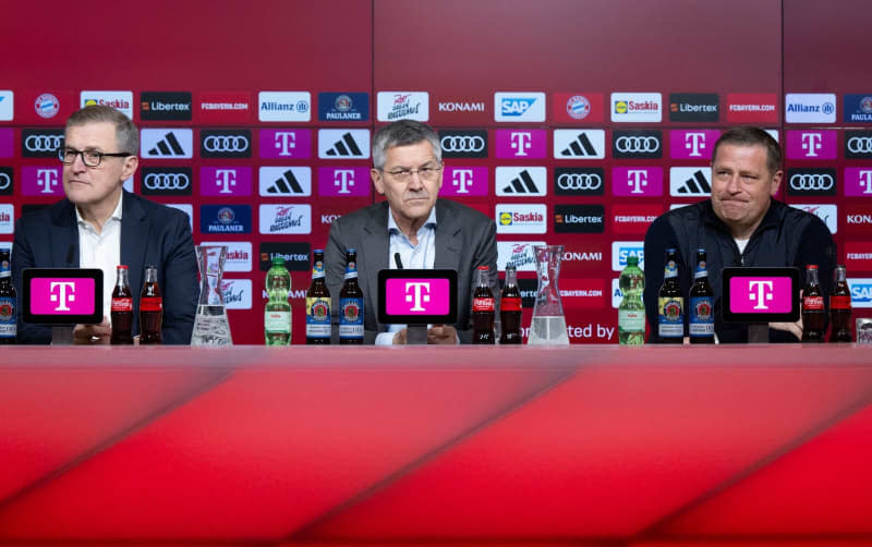 (L-R) Jan-Christian Dreesen, CEO of FC Bayern Muenchen AG, Herbert Hainer, President of Munich, and Max Eberl, new Chief Sports Officer of FC Bayern Muenchen, take part in a press conference at the Allianz Arena. Eberl will become the new Chief Sports Officer at FC Bayern Munich from March. Sven Hoppe/dpa