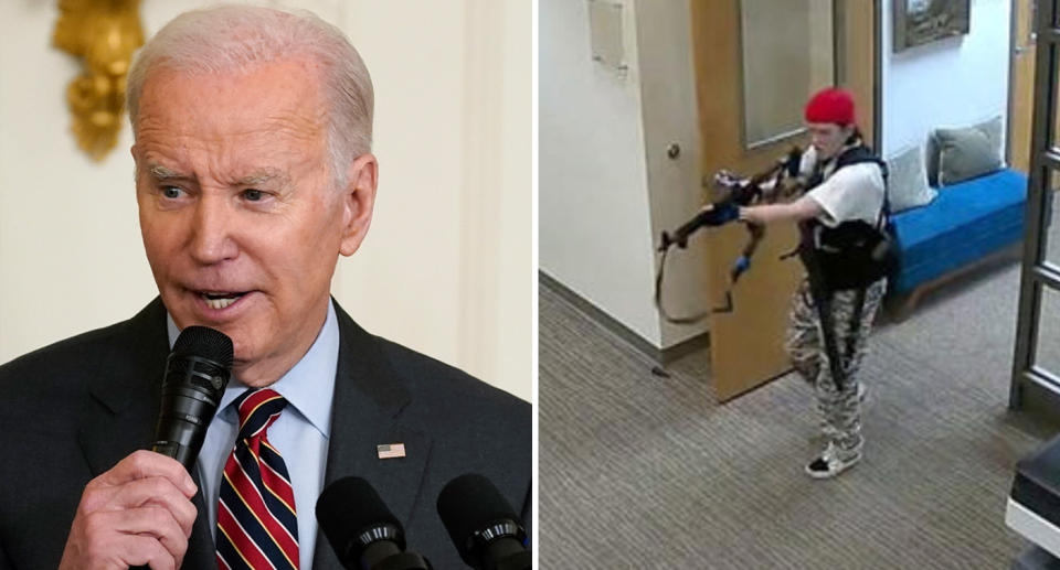 Left: Joe Biden can be seen in a suit speaking into a microphone. Right: The female shooter who opened fire in a Nashville school can be seen in the hallway, holding the gun up.