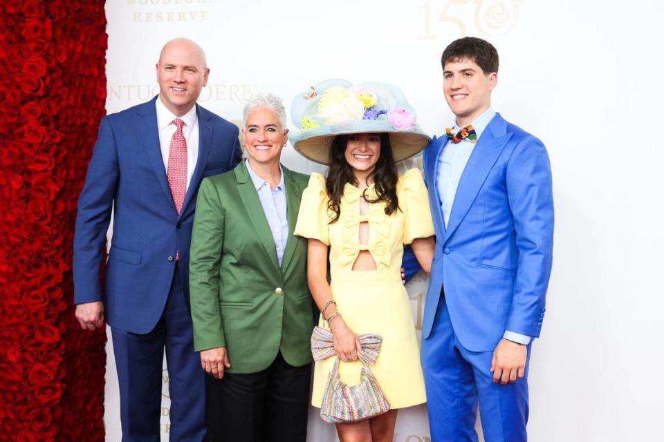 Jeff, Stacey and Reed Sheppard, former University of Kentucky basketball player, pose on the red carpet along with Reed’s girlfriend, Brailey Dizney, at the Kentucky Derby on Saturday, May 4, 2024, at Churchill Downs in Louisville, Kentucky.