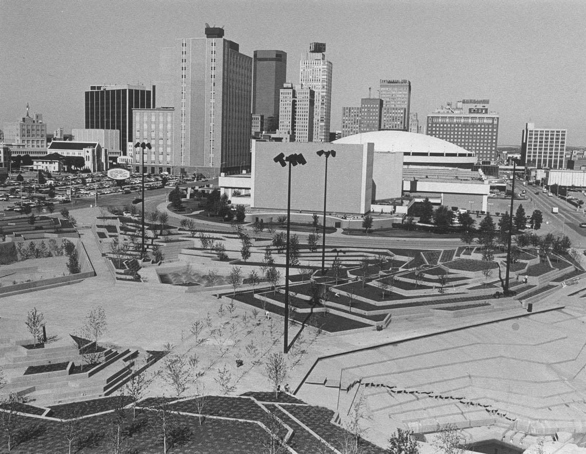 October 1974: An aerial of newly completed Fort Worth Water Garden with the Convention Center and downtown skyline in the background.