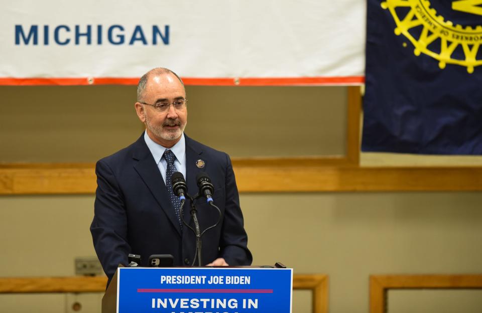 UAW President Shawn Fain speaks on Tuesday, March 26, 2024, at the UAW Local 652 headquarters in Lansing.