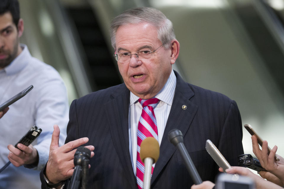 Senate Foreign Relations Committee ranking member Sen. Bob Menendez, D-N.J., speaks with the media after a closed-door briefing for the members of the Senate Foreign Relations Committee, Tuesday, March 5, 2019, in Washington. (AP Photo/Alex Brandon)