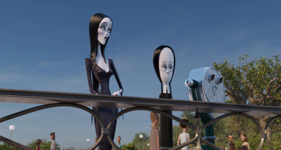 Charlize Theron as the voice of Morticia Addams (left) and Chloë Grace Moretz as the voice of Wednesday Addams (right) in The Addams Family 2. (Still: United International Pictures)