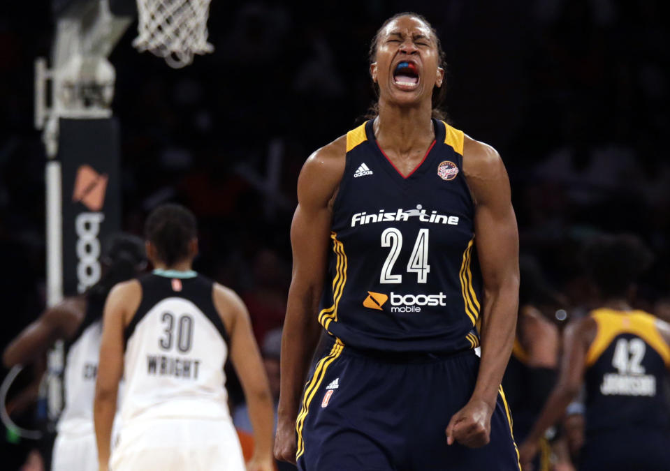 FILE - Indiana Fever forward Tamika Catchings (24) reacts against the New York Liberty during the second half in Game 3 of the WNBA basketball Eastern Conference finals at Madison Square Garden in New York, in this Tuesday, Sept. 29, 2015, file photo. Kobe Bryant was a major proponent of women’s basketball, and his posthumous induction into the Basketball Hall of Fame this weekend will be alongside three legends of the women’s game in Kim Mulkey, Tamika Catchings and Barbara Stevens. (AP Photo/Adam Hunger, File)