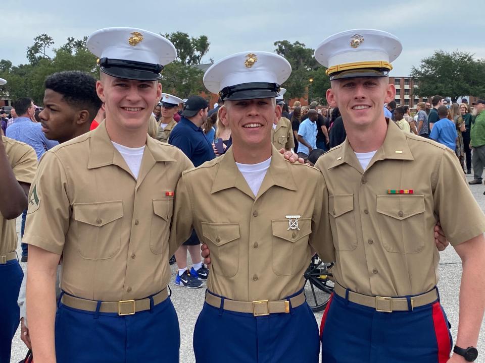 The Costello brothers -- Marine Lance Cpl. James Costello, Marine Private John Costello, and 2nd Lt. Daniel Costello Jr. -- at John's graduation from Marine Corps Recruit Training on Oct. 6, 2023, at Marine Corps Recruit Depot on Parris Island, South Carolina. Maureen and Daniel Costello Sr. of Pearl River have three sons and two daughters. All three sons chose to enter the Marine Corps. James was recently promoted to corporal.