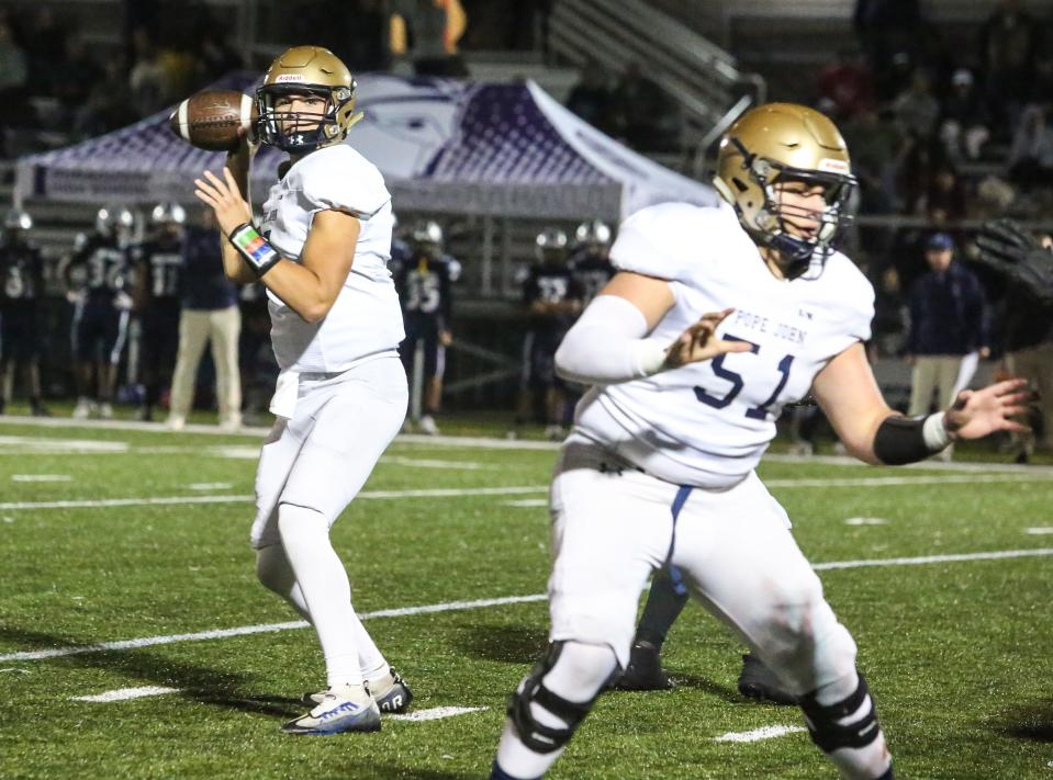 Pope John's Christopher Dietrich throws a pass during the first half of a football game at Torpey Athletic Complex in Bridgewater on Sept. 29, 2023.