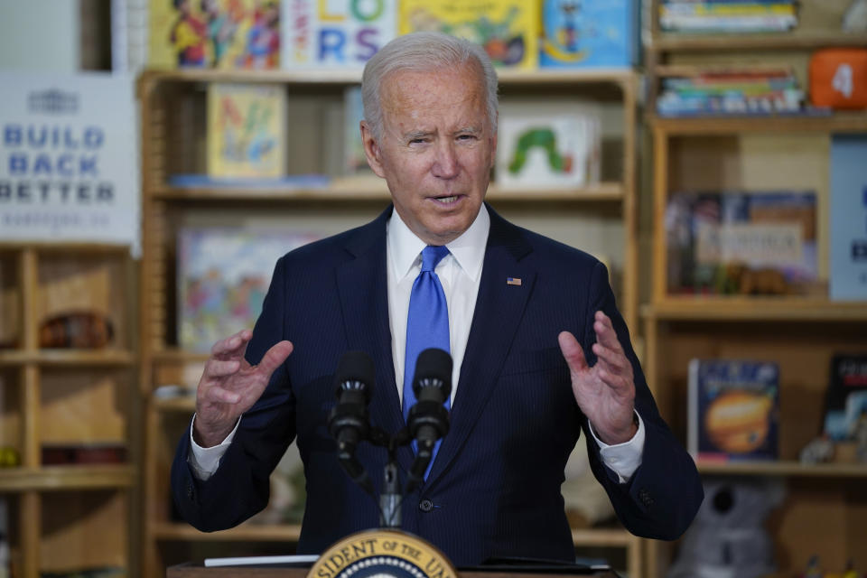 President Joe Biden speaks during a visit to the Capitol Child Development Center, Friday, Oct. 15, 2021, in Hartford, Conn. (Evan Vucci/AP)