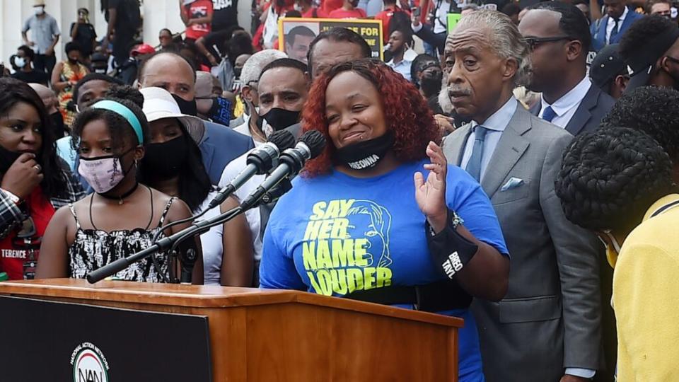 Breonna Taylor’s mother, Tamika Palmer speaks at the Lincoln Memorial during last month’s “Commitment March: Get Your Knee Off Our Necks” in Washington, D.C. (Photo by Olivier Douliery-Pool/Getty Images)