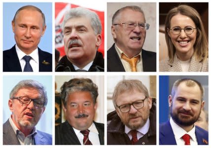 A combination picture shows candidates in the Russian 2018 presidential election, (top, L-R) Vladimir Putin, Pavel Grudinin, Vladimir Zhirinovsky, Ksenia Sobchak, (bottom, L-R) Grigory Yavlinsky, Sergei Baburin, Boris Titov, Maxim Suraikin. REUTERS/Staff/Files