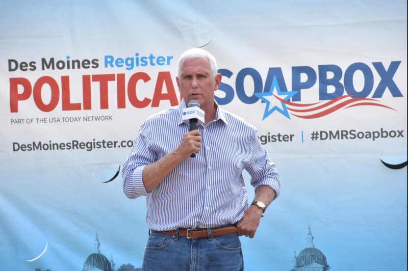 Former Vice President Mike Pence speaks from The Des Moines Register Political Soapbox at the Iowa State Fair on Thursday. Photo by Joe Fisher/UPI