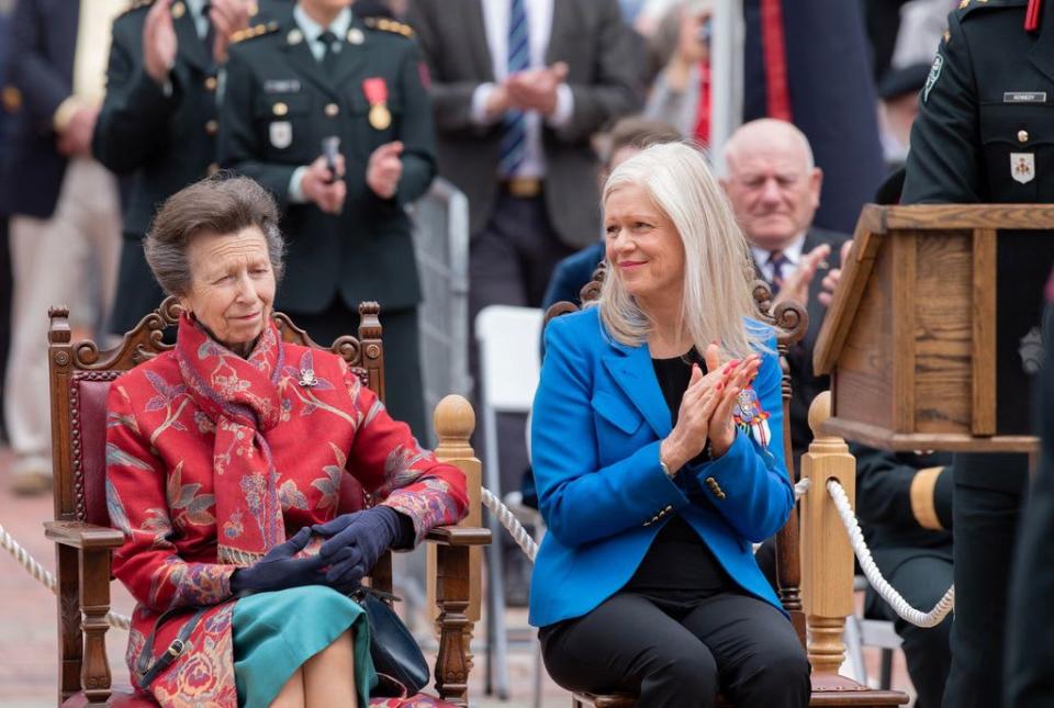 Moncton Mayor Dawn Arnold (right) and Princess Anne look on during the 8th Canadian Hussars Exercise of the Freedom of the City of Moncton Parade on Saturday May 20, 2023.