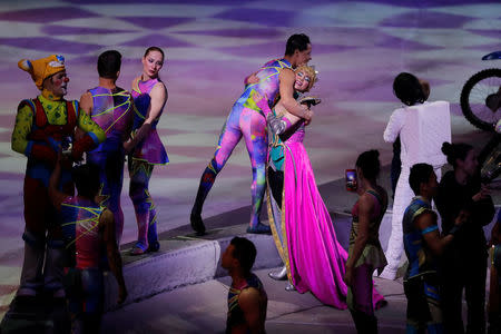 Performers embrace after the last show of the Ringling Bros. and Barnum & Bailey circus at Nassau Coliseum in Uniondale, New York, May 21, 2017. REUTERS/Lucas Jackson