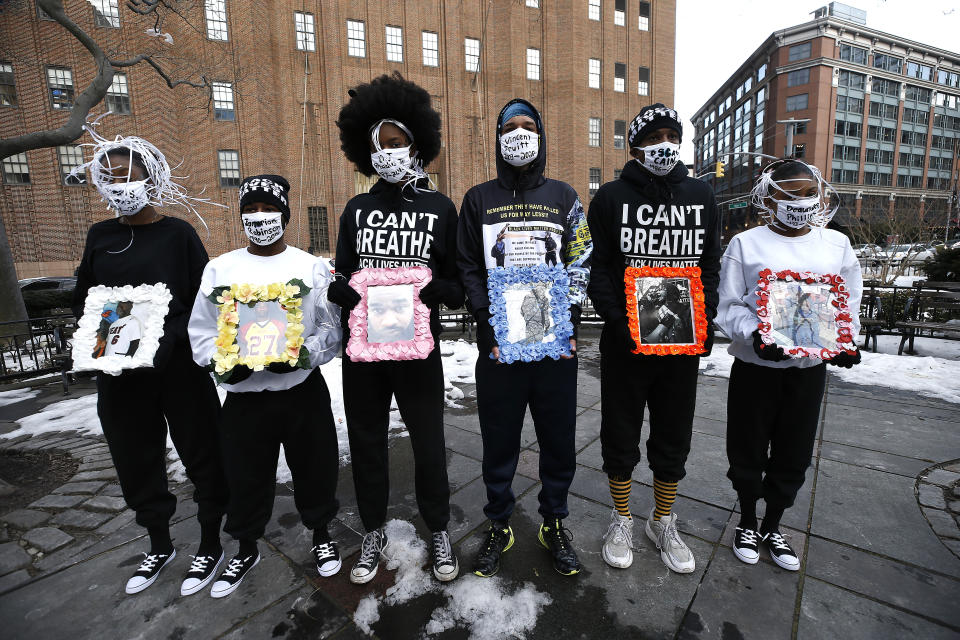 Models join designer Jason Christopher Peters for a Black Lives Matter New York Fashion Week event honoring Black lives lost to police violence, on Feb. 14, 2021.