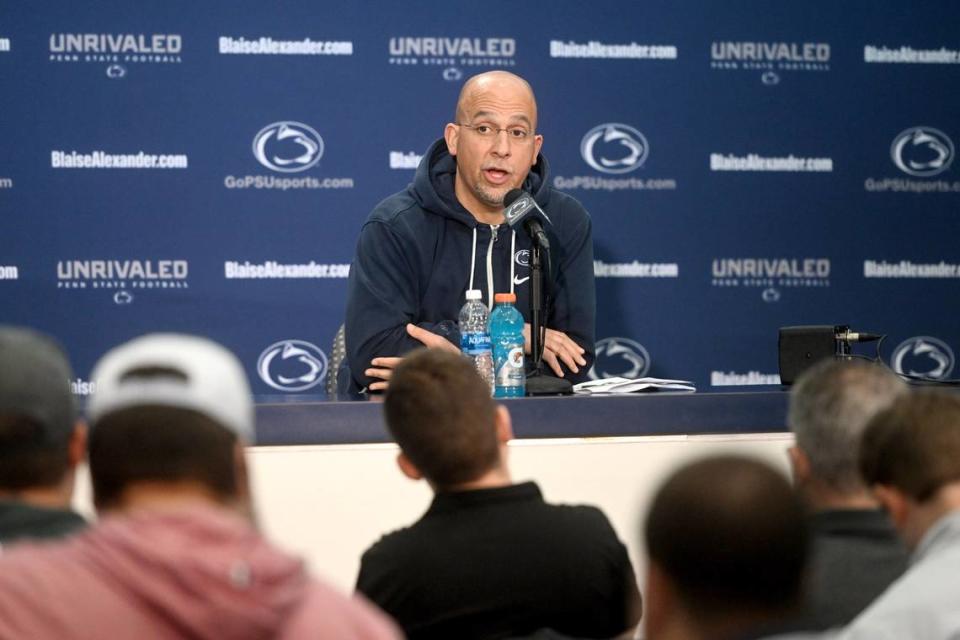 Penn State football coach James Franklin talks answers questions on the first day of spring ball on Tuesday, March 12, 2024.