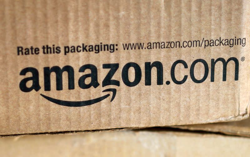 A just-delivered Amazon box is seen on a counter in Golden, Colorado