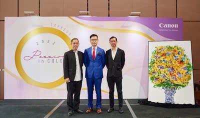 2. Mr. Philip Chan, Senior Director and General Manager of Business Imaging Solution &amp; Production Printing Group, Canon Hong Kong (middle) invited Mr. Charles Ng (left) and Mr. Terence Lee (right) as guest speakers to share insights on the role of colors in art and business.