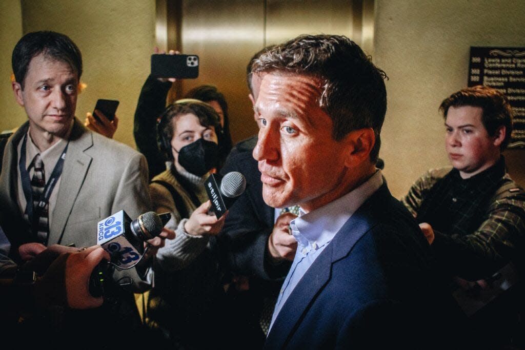 Eric Greitens addresses the media after filing to run in the Missouri Senate primary on Feb. 22 at the James C Kirkpatrick State Information Center in Jefferson City.