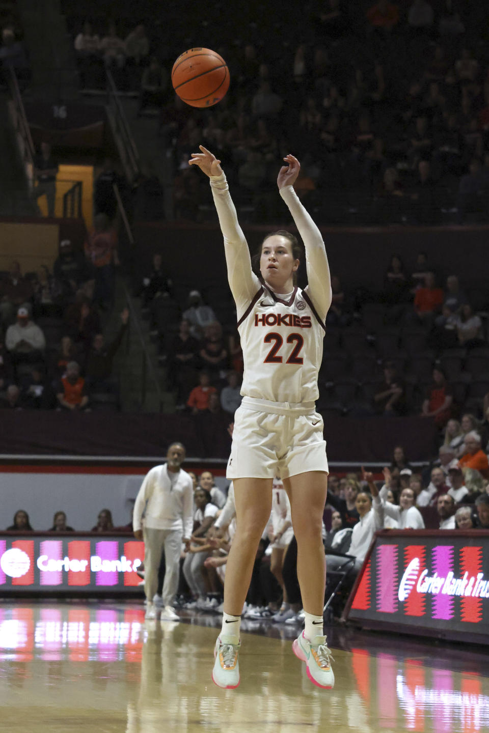 Virginia Tech's Cayla King (22) scores a 3-point basket in the first half of an NCAA college basketball game against High Point in Blacksburg Va., Monday, Nov. 6 2023. (Matt Gentry/The Roanoke Times via AP)