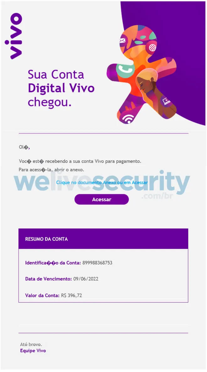 <em>Falsa fatura da operadora Vivo é usada para disseminar o malware Grandoreiro, desenvolvido no Brasil e focado em fraudes bancárias (Imagem: Reprodução/ESET)</em>