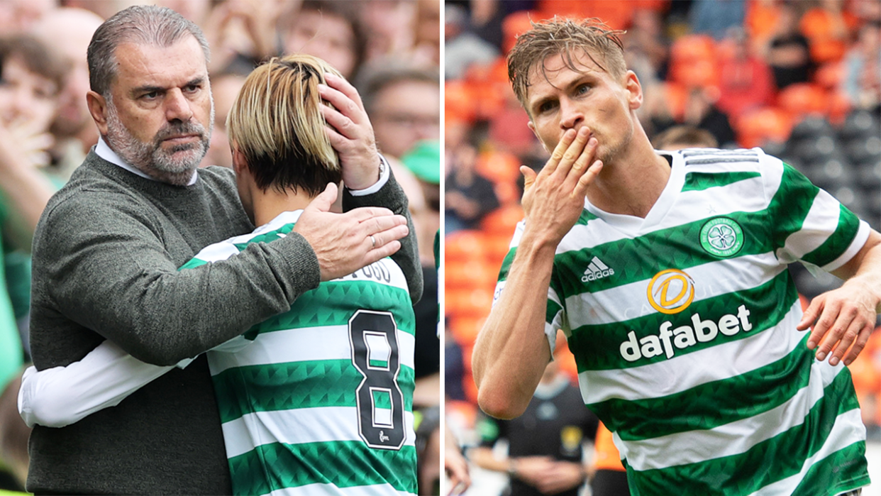 Ange Postecoglou (pictured left) embracing a player and (pictured right) Celtic celebrating a goal.