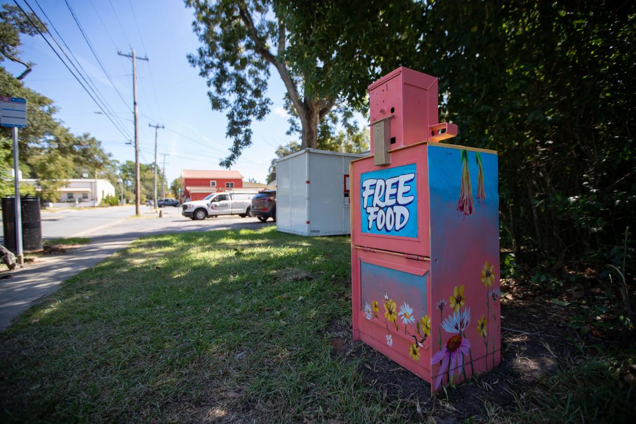 A hand-painted Little Sunshine Pantry placed by Project Annie in Frenchtown. The pantry is typically filled weekly with nonperishable food items.