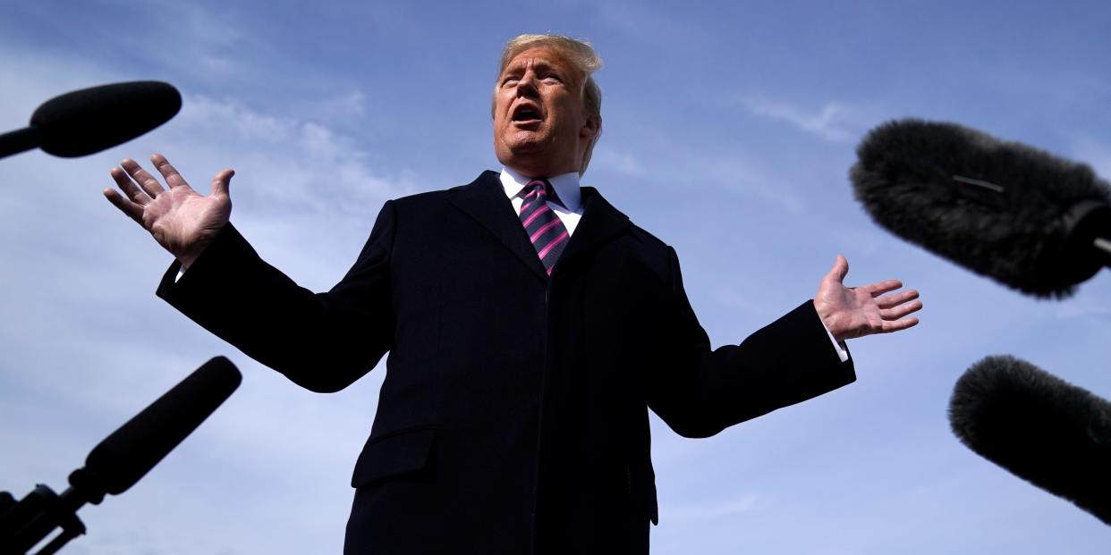 President Donald Trump talks to the media before he boards Air Force One for a trip to Los Angeles to attend a campaign fundraiser, Tuesday, Feb. 18, 2020, at Andrews Air Force Base, Md. (AP Photo/Evan Vucci)