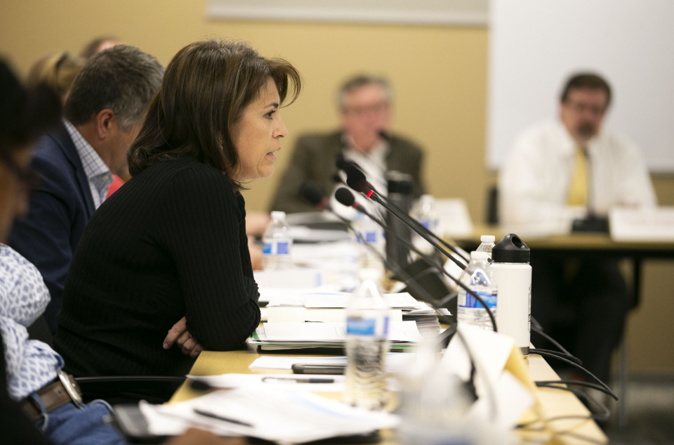 Stefanie Smallhouse of the Arizona Farm Bureau speaks during the Arizona Lower Basin Drought Contingency Plan Steering Committee meeting to work on a drought contingency plan for the Colorado River at Central Arizona Project headquarters in Phoenix on November 29, 2018.