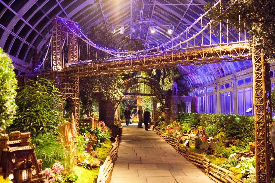 The holiday train show at the New York Botanical Garden in the Bronx depicts city landmarks.