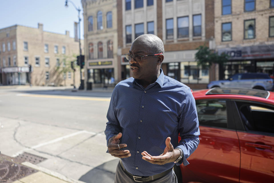 Emmanuel McKinstry speaks about the upcoming election Wednesday, June 19, 2024, in downtown Racine, Wis. (AP Photo/Jeffrey Phelps)