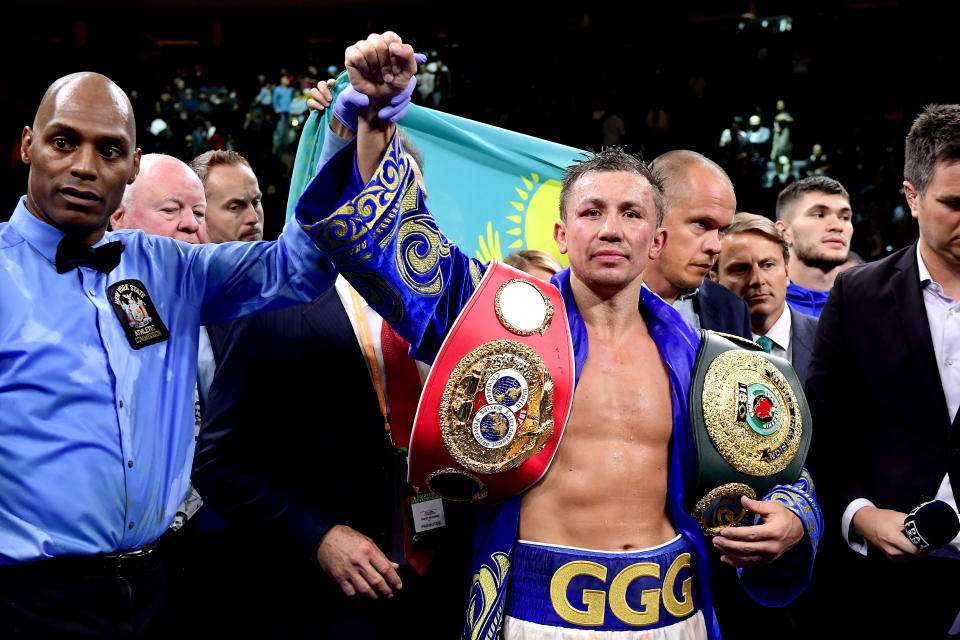 NEW YORK, NEW YORK - OCTOBER 05:  Gennady Golovkin is awarded victory in his IBF middleweight title bout against Sergiy Derevyanchenko at Madison Square Garden on October 05, 2019 in New York City. (Photo by Steven Ryan/Getty Images)